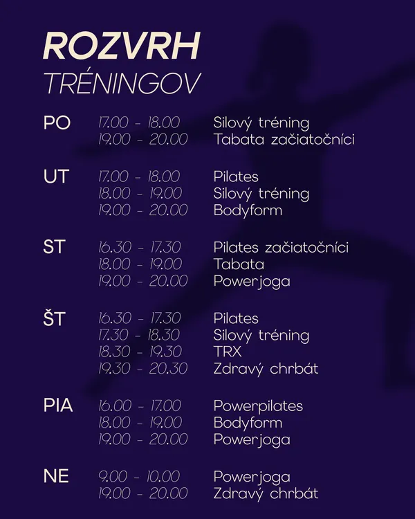 Rozvrh Bodyfit Clubu, tmavá verzia